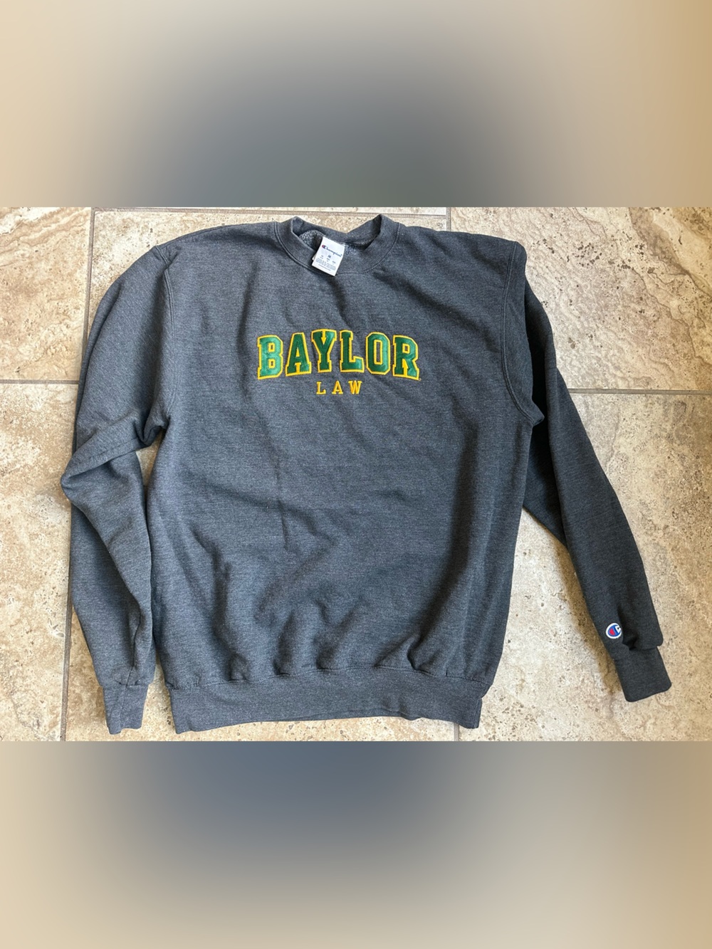 Champion Gray Baylor Law Crewneck Sweatshirt with Green & Gold Logo
